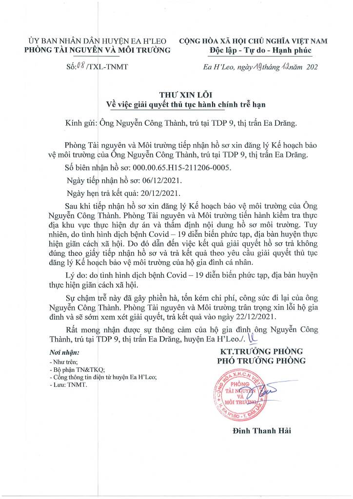 Thư xin lỗi vì giải quyết TTHC trễ hạn của ông Nguyễn Công Thành - TDP 9, TT. Ea Drăng